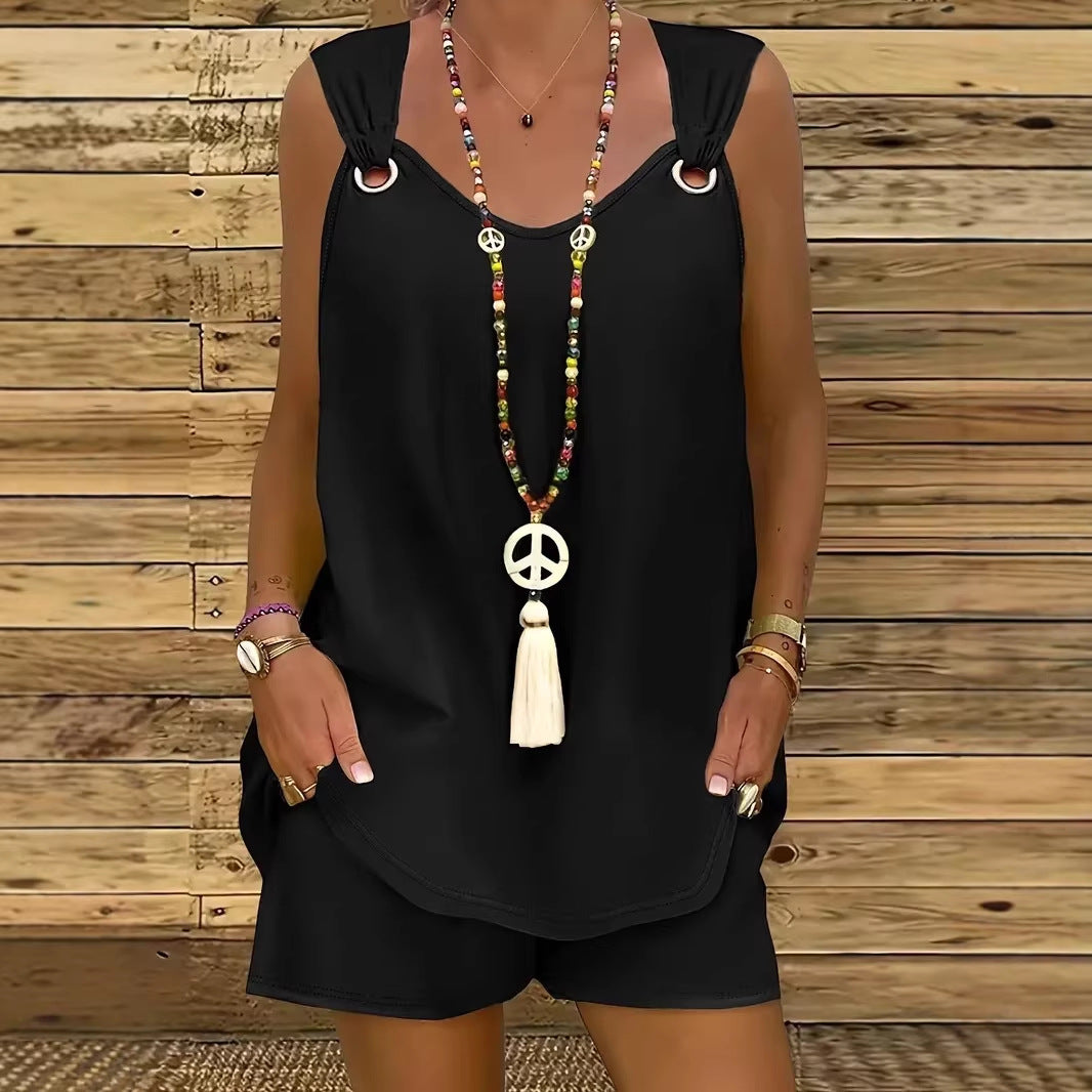 Round Neck Solid Color Two-piece Set Sleeveless Fashion Casual Suit