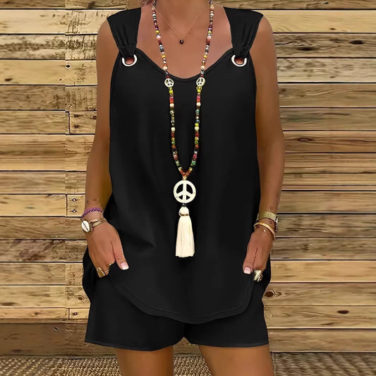 Round Neck Solid Color Two-piece Set Sleeveless Fashion Casual Suit