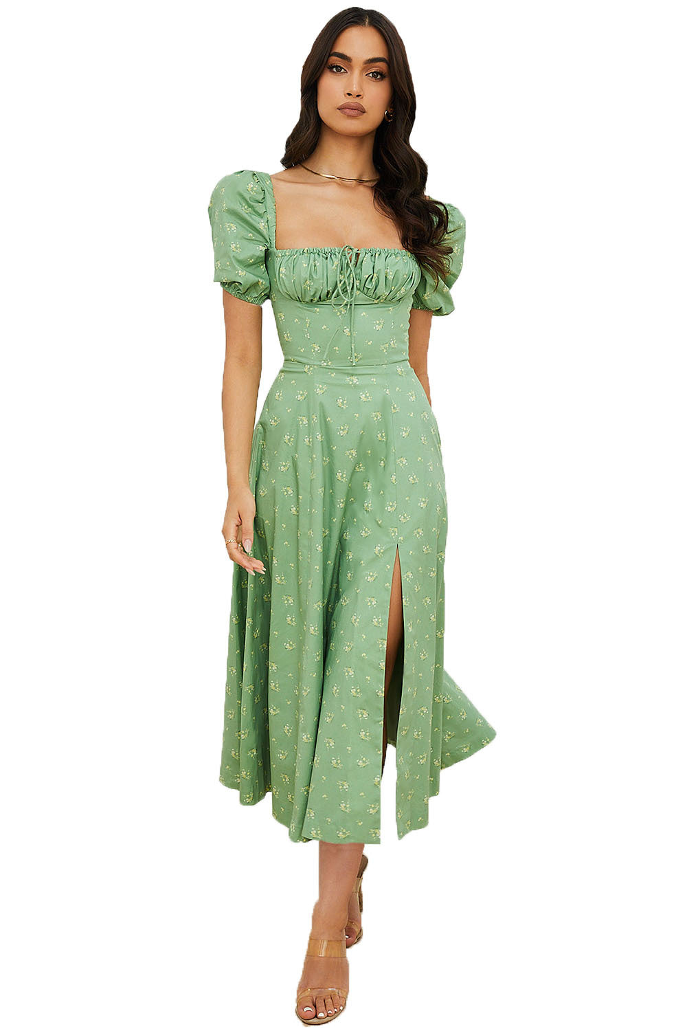 Summer Fashion Puff Sleeve Floral Split Maxi Dresses