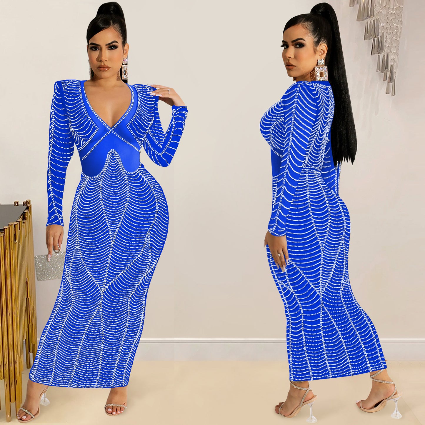 Women's Sexy Nightclub Rhinestone Mesh Long Sleeve Dresses