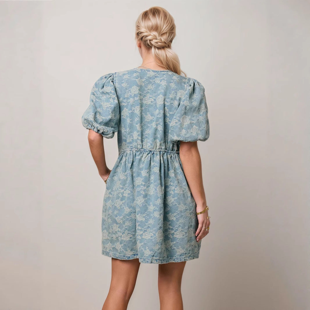 Women's Fashion Sweet Denim Blue Puff Sleeve Design Flower Drawstring Dresses