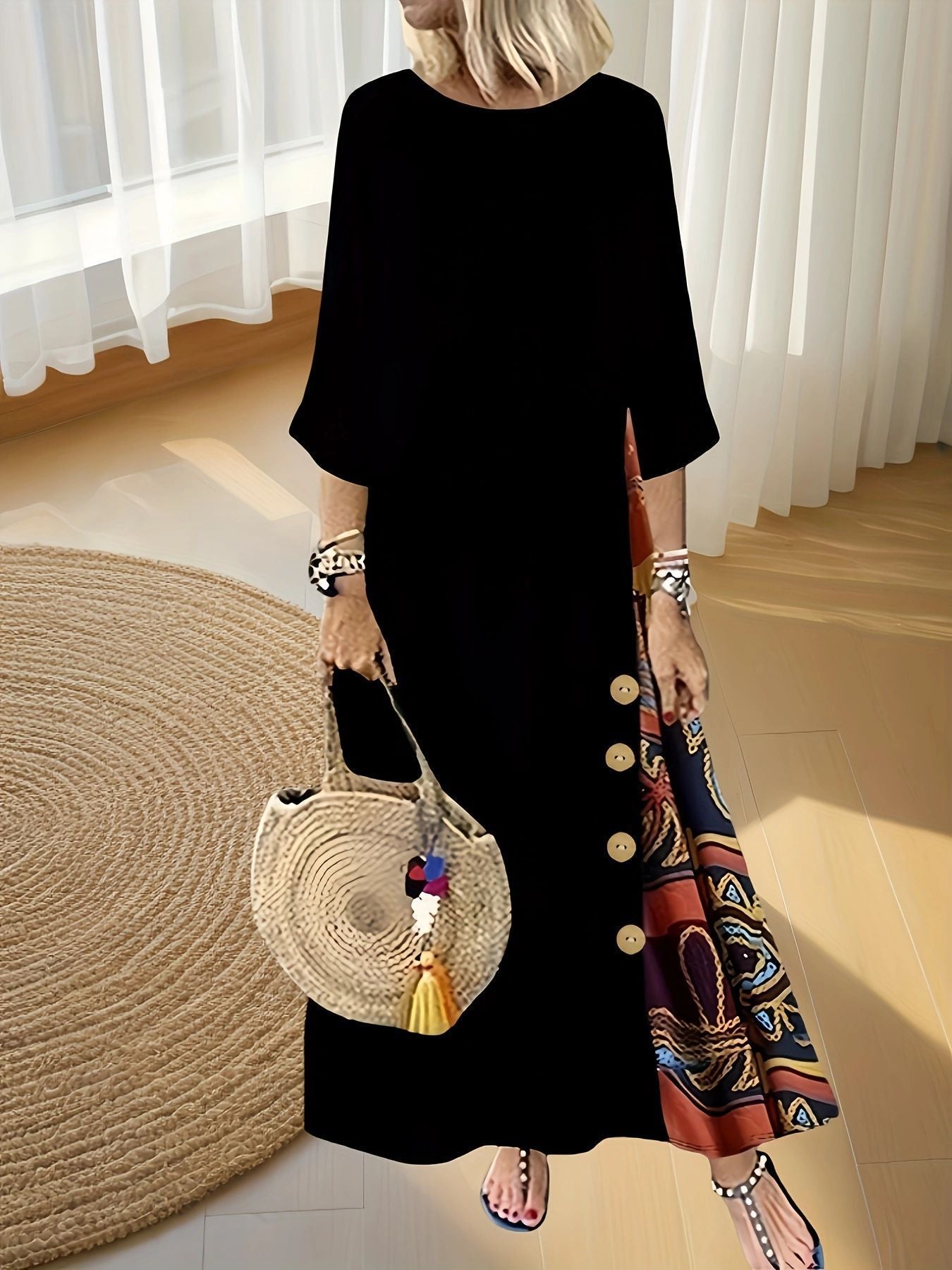 Autumn Temperament Button Printed Round Neck Dress