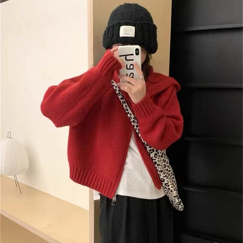 Women's Idle Hooded Knit Loose High-grade Double Zipper Women's Sweater