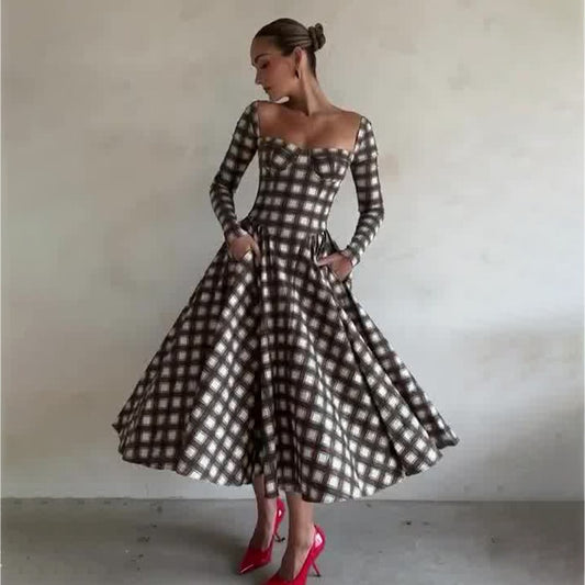 Women's Collar Plaid Long Sleeve Slim Fit Dresses