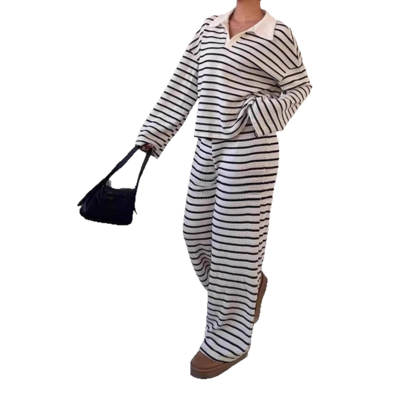Women's Stripes Contrast Color Long Sleeve Trousers Fashion Casual Suit