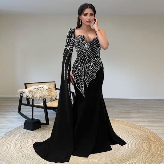Women's Rhinestone Long Dress Black Mermaid Shawl Dresses