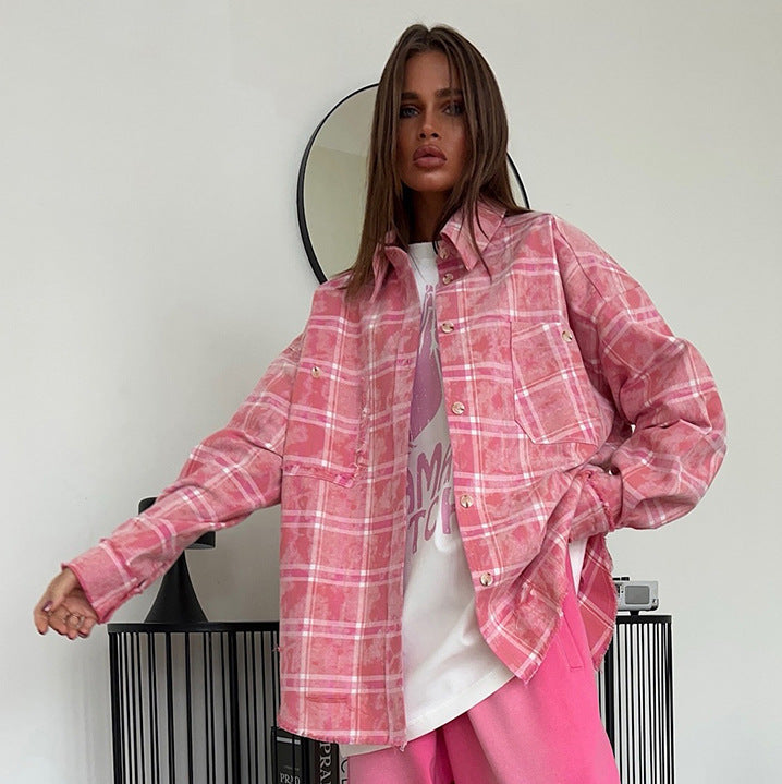 Plaid Shirt Retro Trendy Loose Pink Blouses