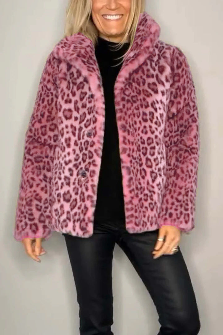 Women's Winter Fashionable Leopard Print Lapel Imitation Coats
