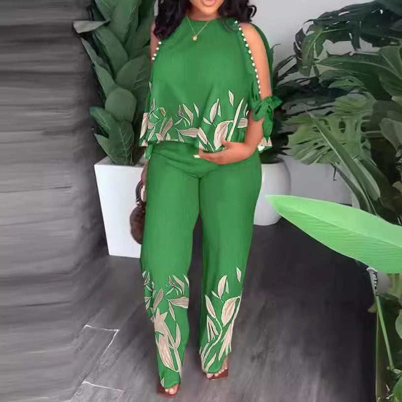 Women's Neck Bead Raglan Sleeve T-shirt Trousers Suits