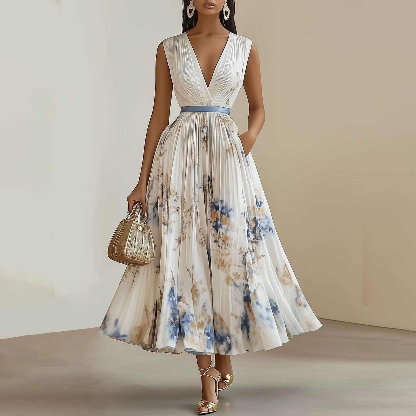 Women's Digital Print Collar Sleeveless Pleated Dress Dresses
