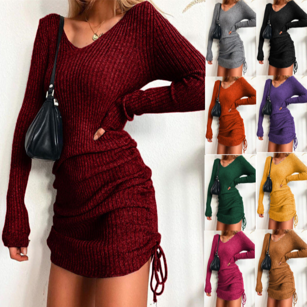 Sleeve Sexy Slim Thread Pleated Drawstring Dress