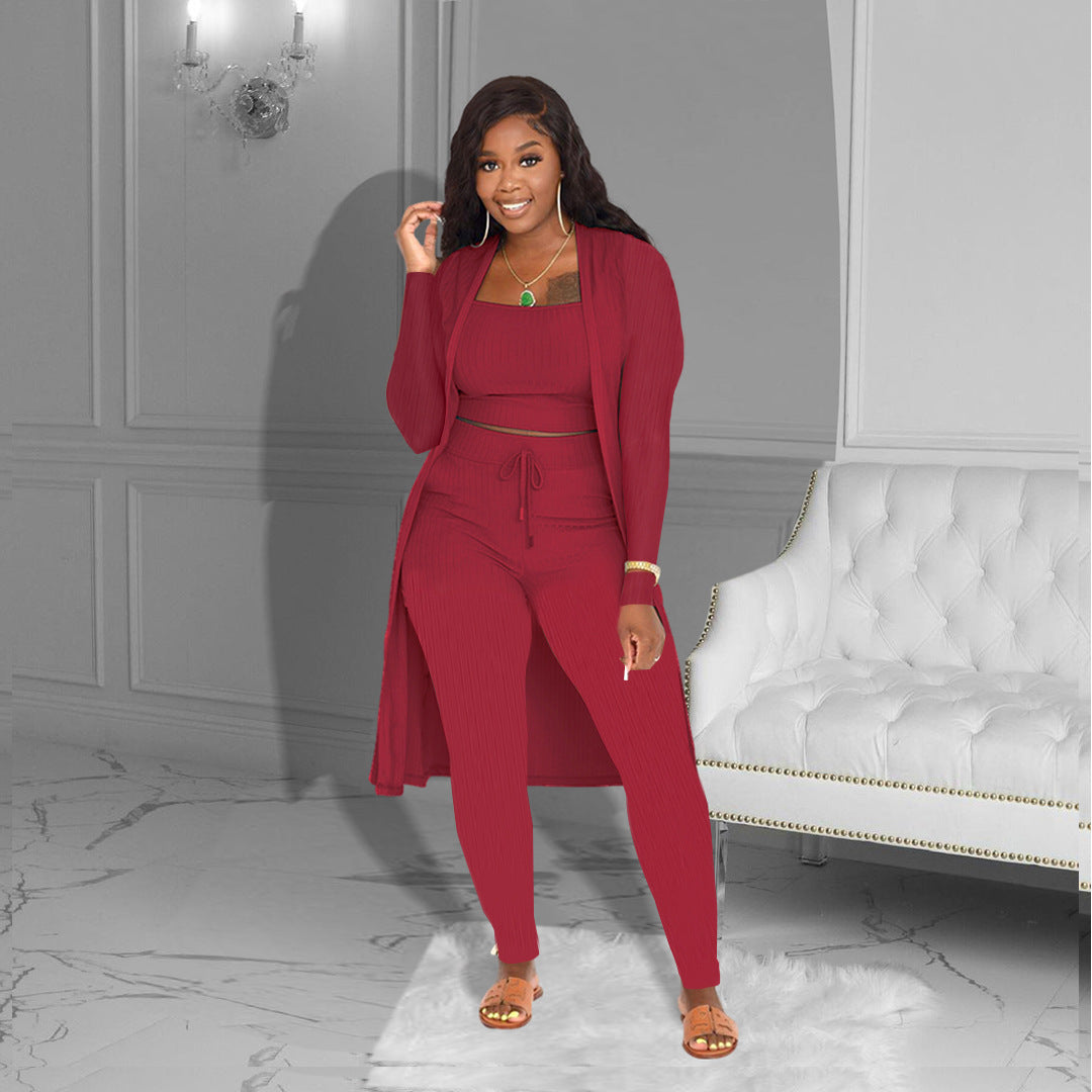 Women's Sunken Stripe Solid Color Three-piece Clothing