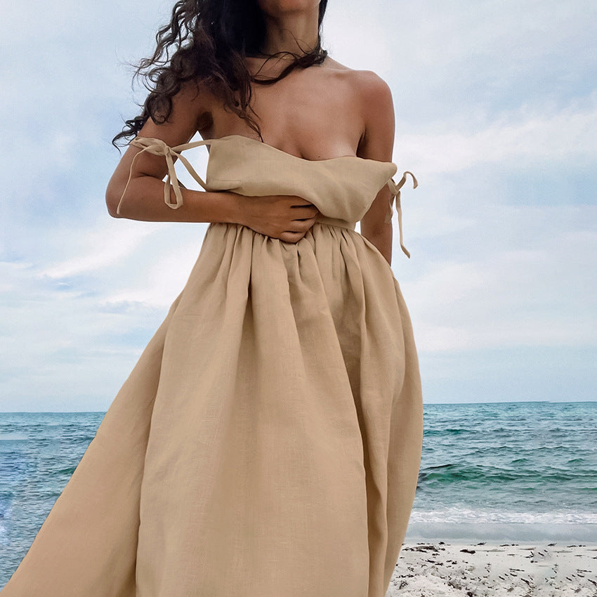 Women's French Style Khaki Cotton Linen Breathable Strap Dresses