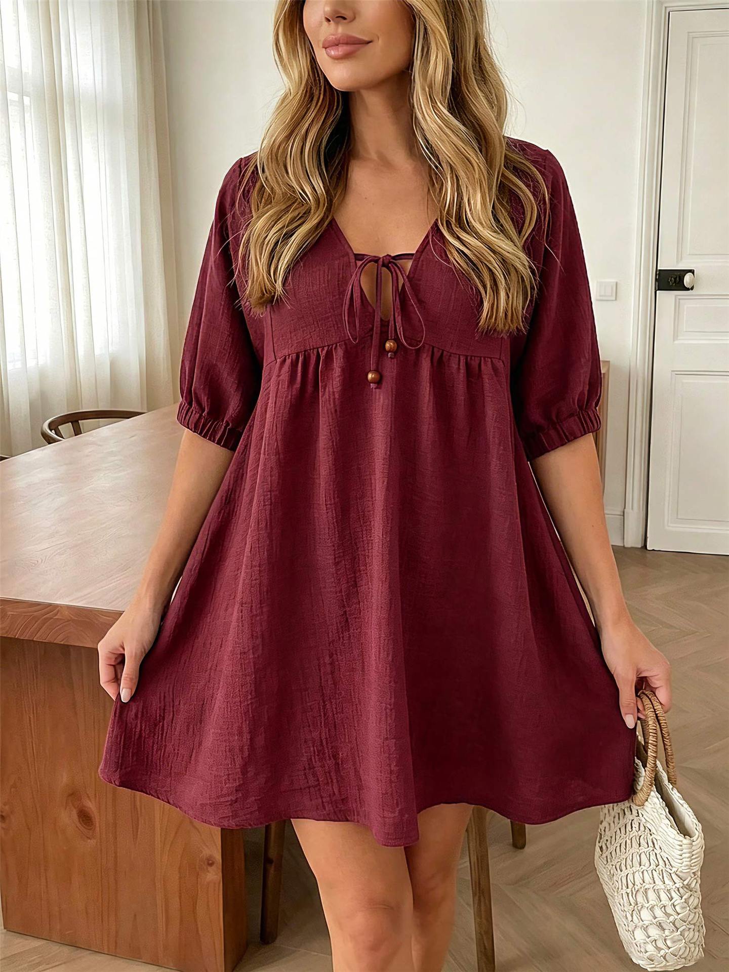 Women's Collar Bow Puff Sleeve Lantern Pleated Ruffled Hem Dress
