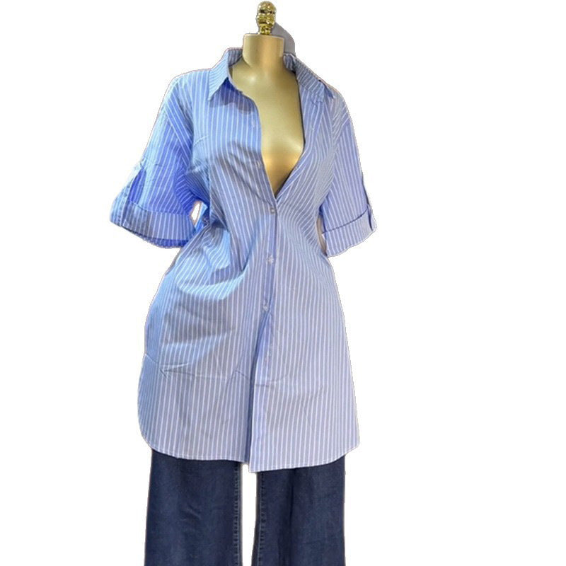 Women's Fashion Polo Collar Single-breasted Striped Short-sleeved Tops