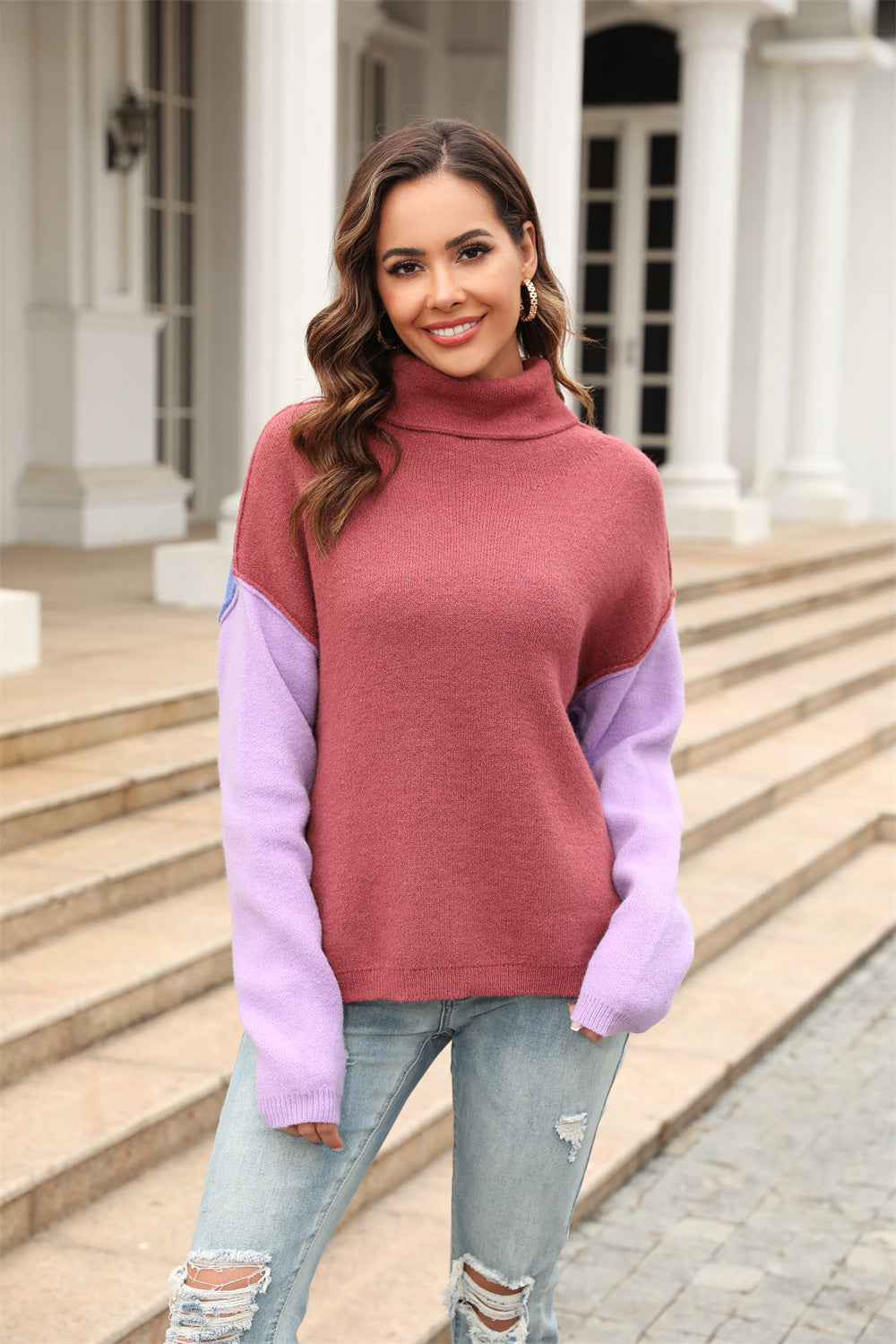 Women's Spring Stitching Fashion Turtleneck Pullover Tide Sweater