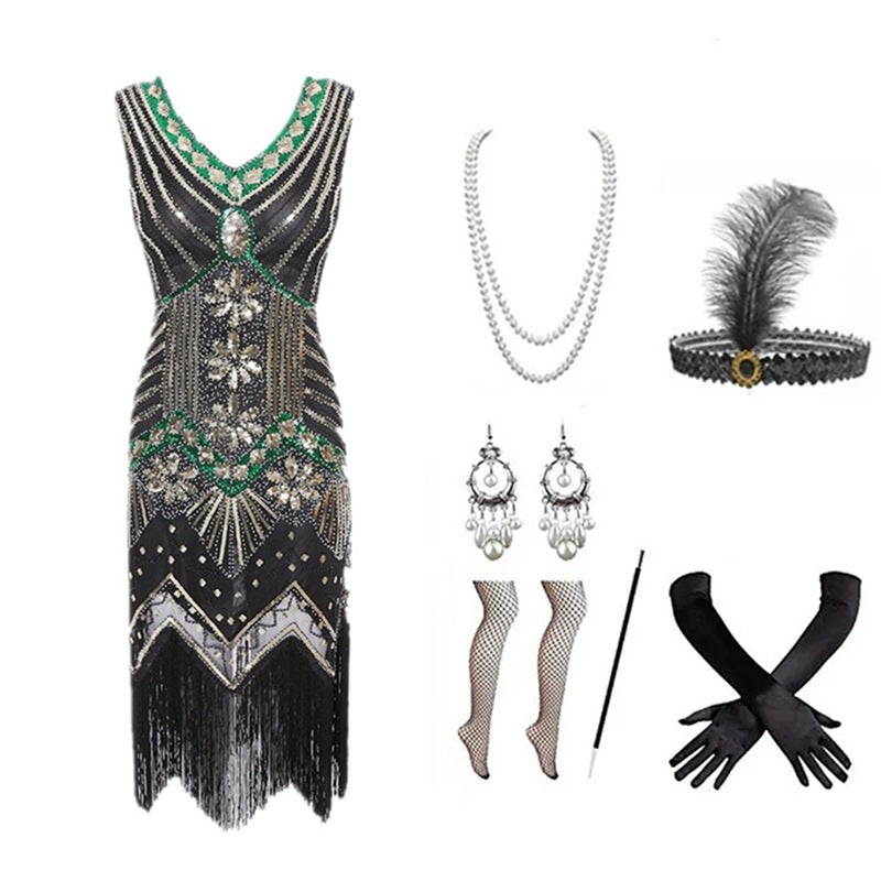 Women's Vintage Dress Than Beaded Sequins Tassel Evening Dresses