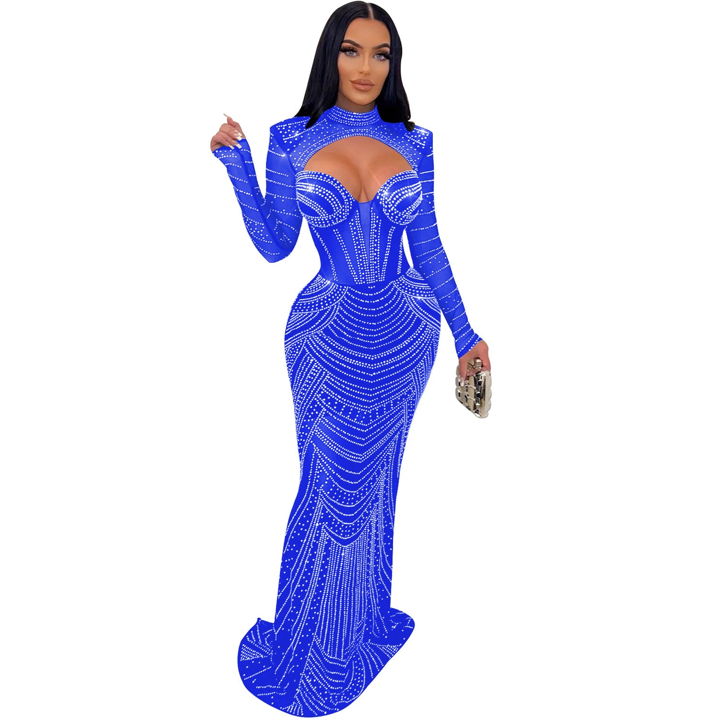Women's Wear Solid Color Rhinestone Mesh Long Dresses