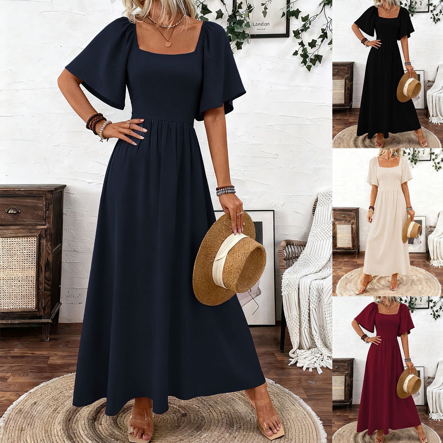 Bohemian Style Square Collar Elegant Generous Dress