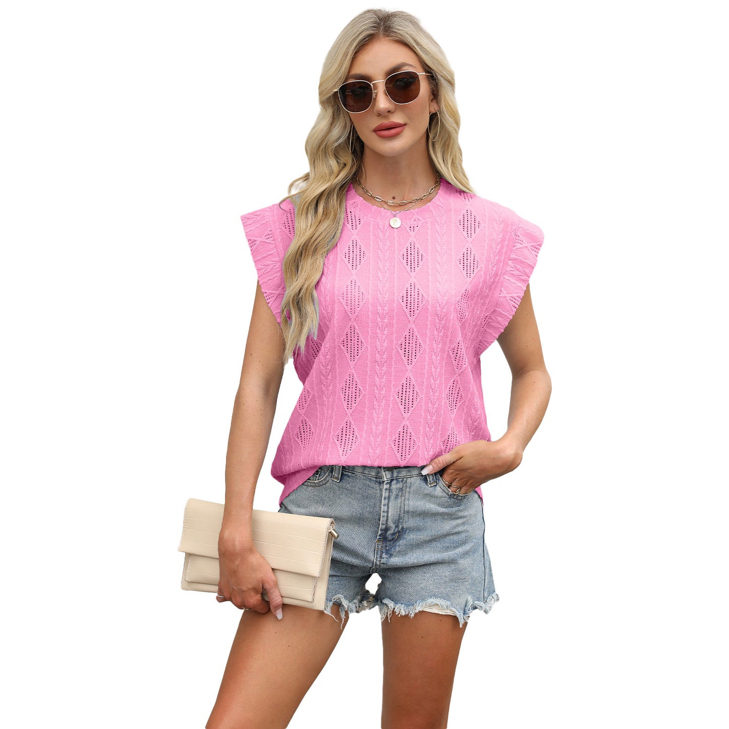 Women's Round Neck Loose Sleeves T-shirt Jacquard Blouses