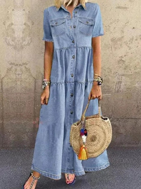 Slouchy Classic Denim Style Long Distressed Dress