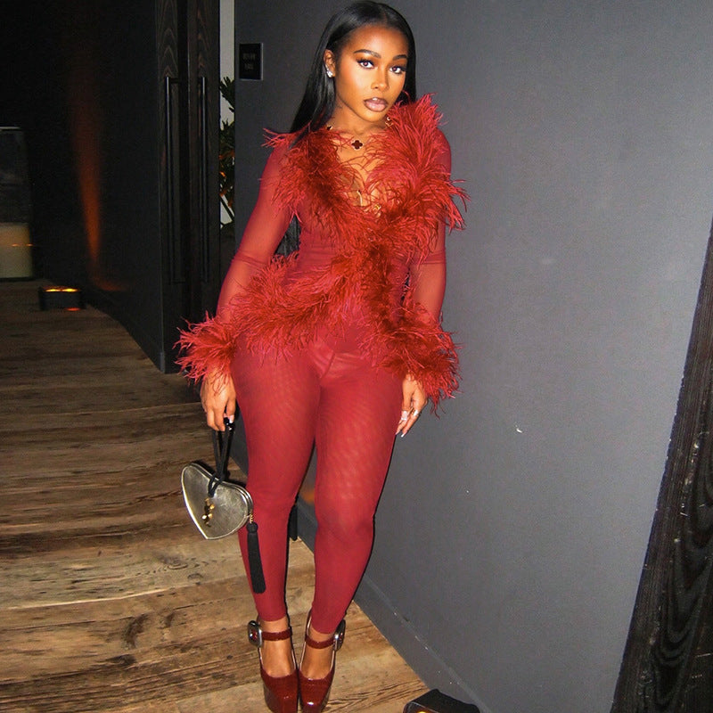 Color Mesh Stitching Plush Long-sleeved Tight Suits