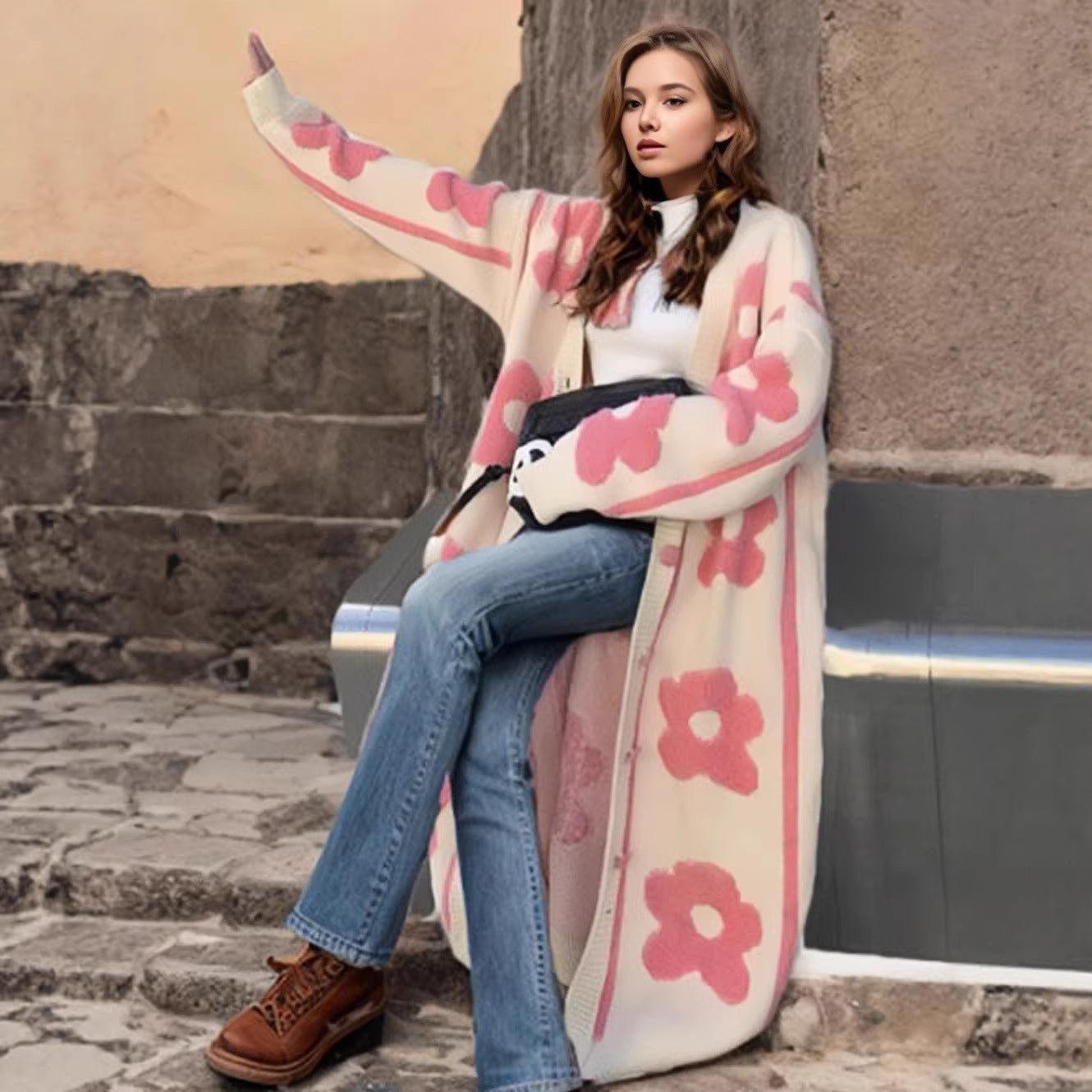 Women's Large Flower Jacquard Knitted Long Single-breasted Women's Sweater