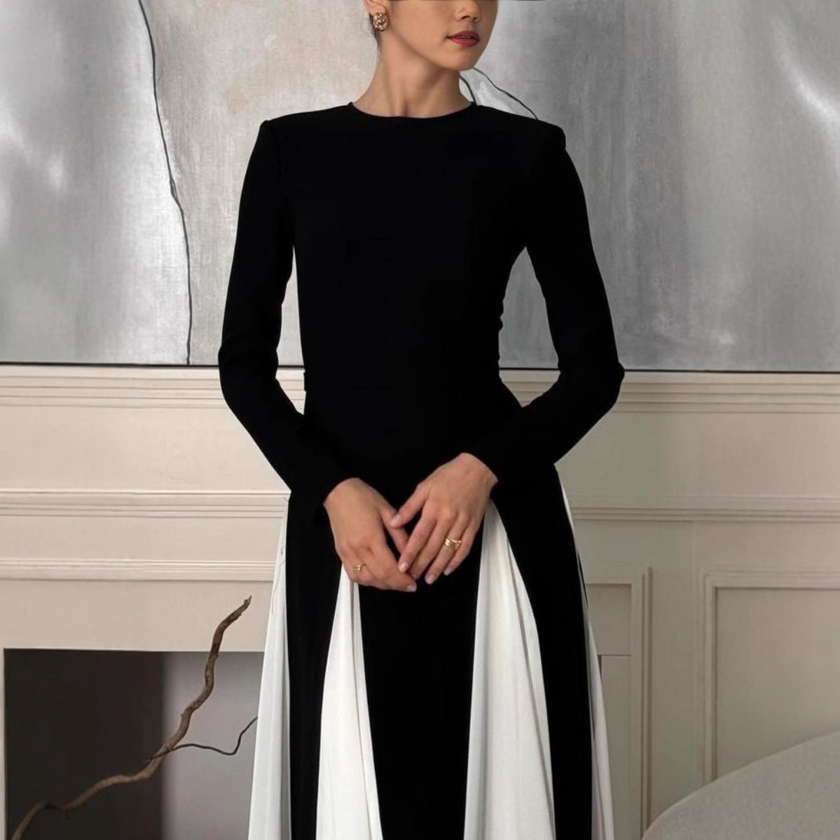 Women's Neck Contrast Color Long Sleeve High Waist Dresses