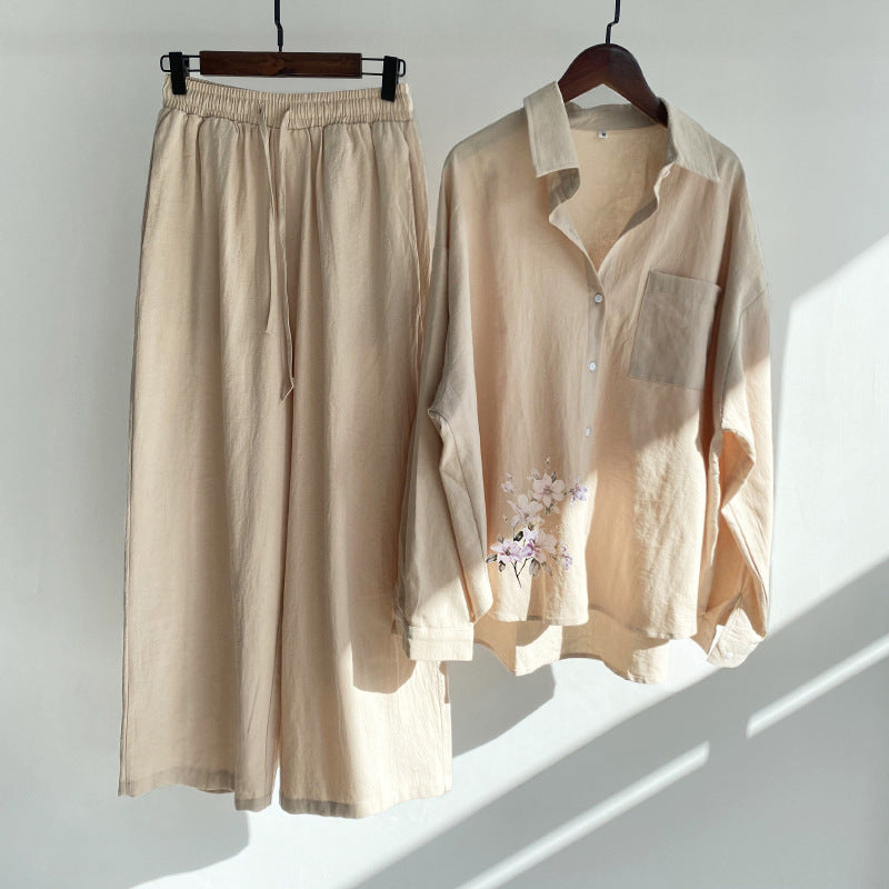 Women's 2 Piece Set Cotton Linen Shirt Pants