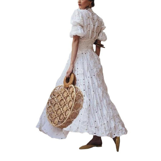 Women's V Puff Sleeve Lace Dress Hollow Dresses