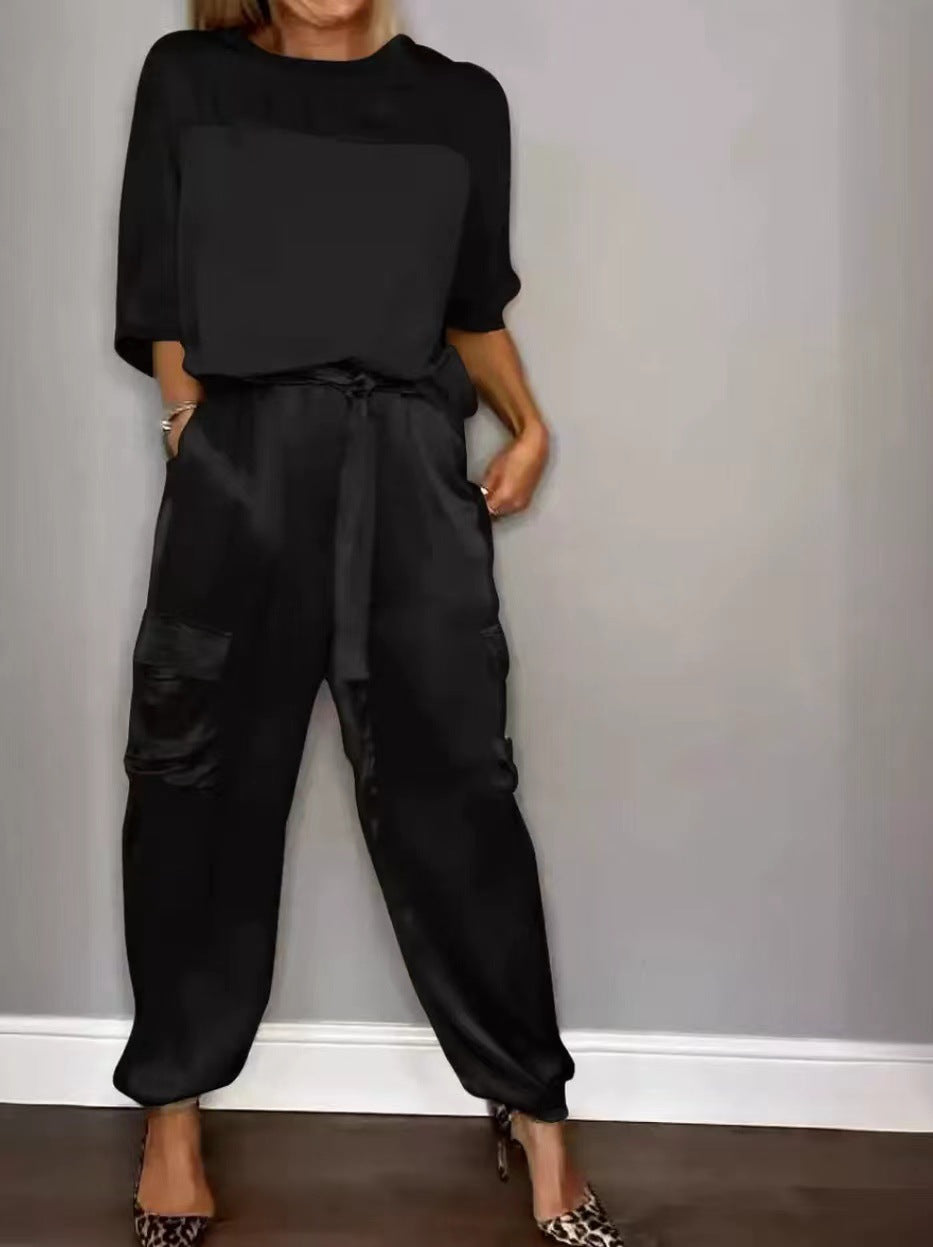 Women's Solid Color Smooth Satin Half Sleeve Shirt Two-piece Fashion Casual Suit