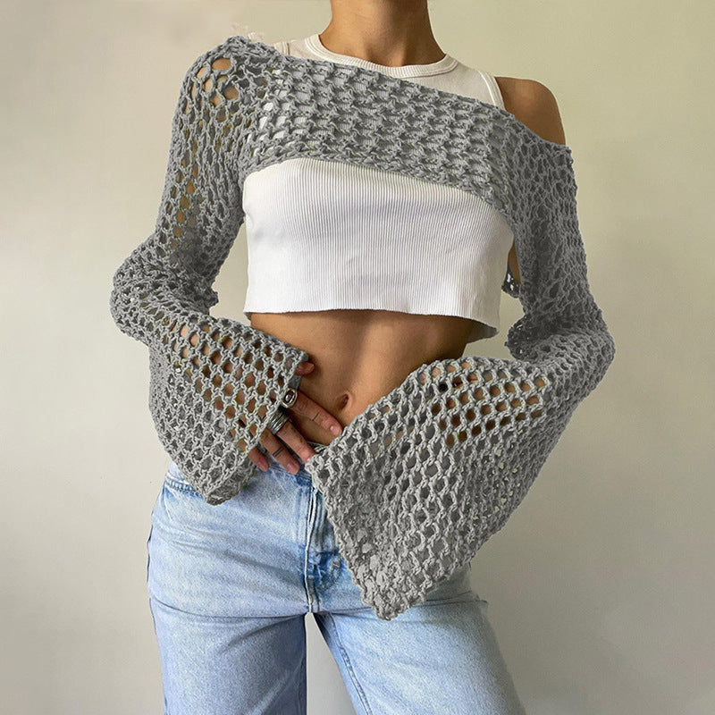 Women's Crochet Casual Bell Sleeve Sexy Mesh Women's Sweater
