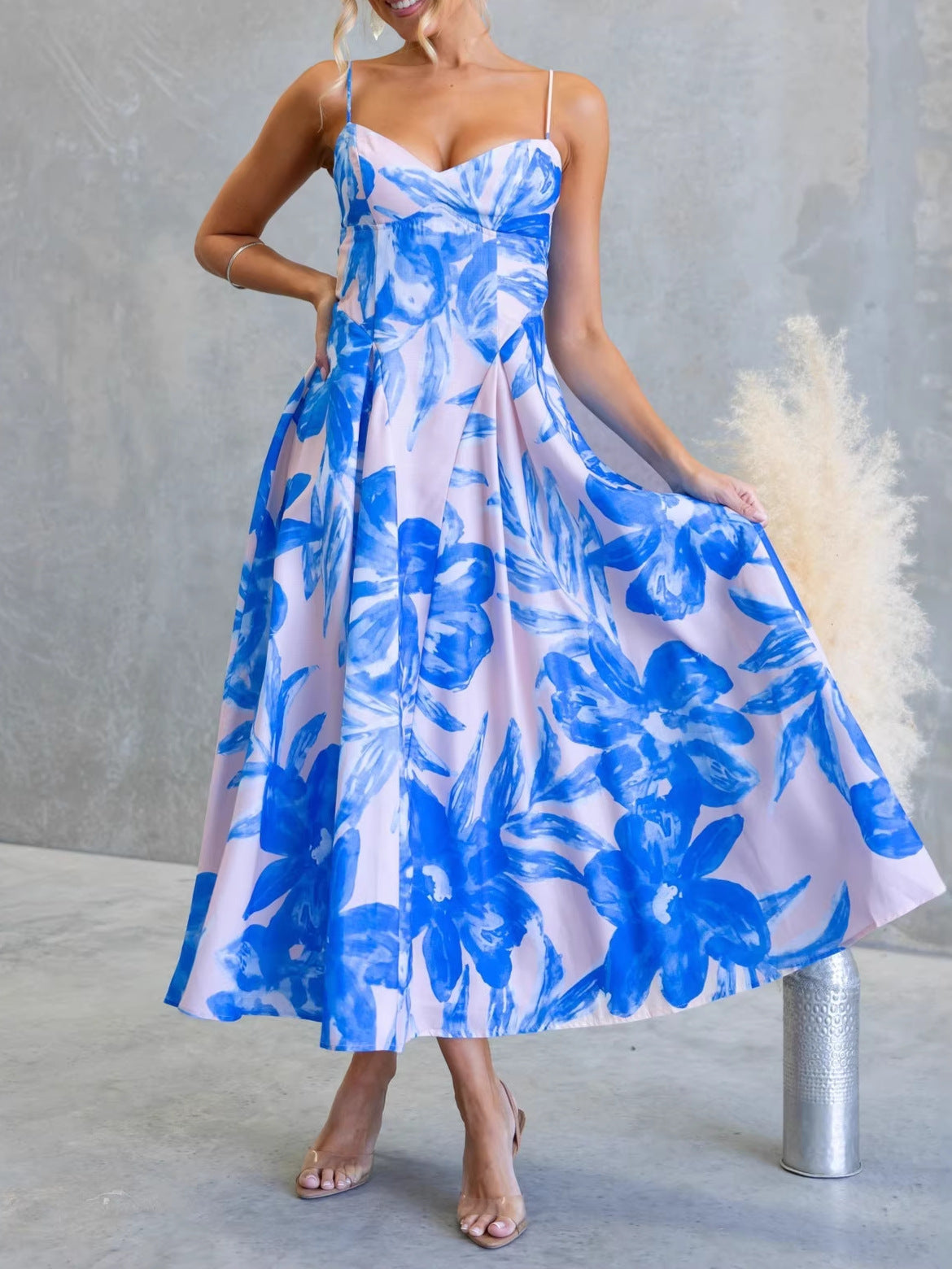 Women's Summer Flower Printed Large Swing Strap Beach Dress