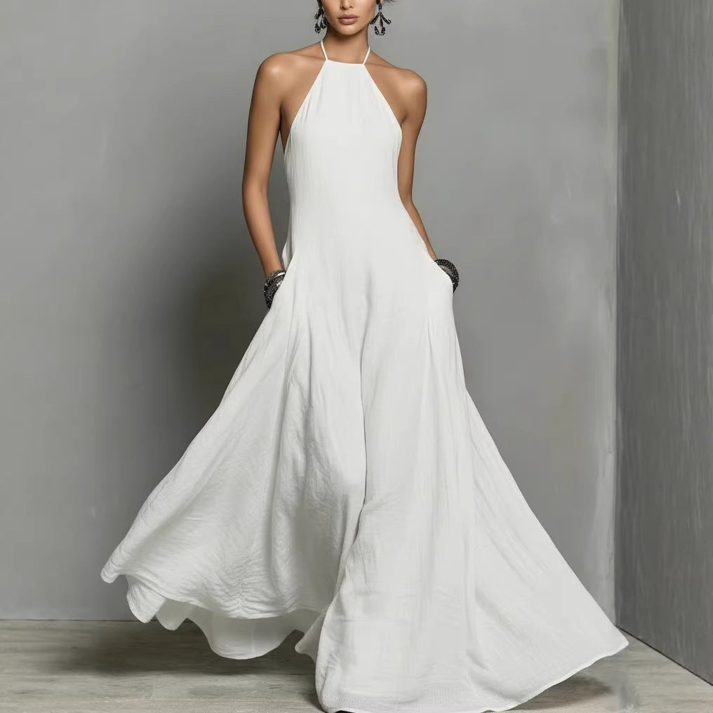 Cotton Linen Blended Simple Backless Sleeveless Dress