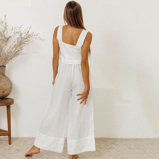 Women's Cotton Linen Sleeveless Trousers Loose Outfit Suits