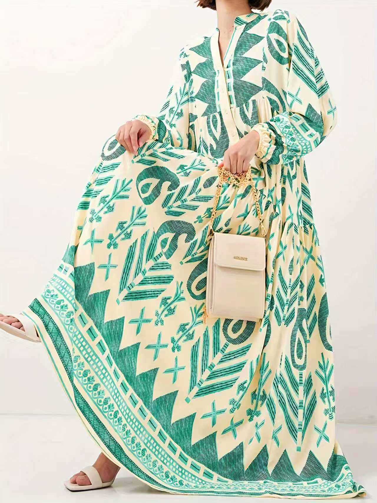 Women's Green Dignified Elegant Soft Comfort Printing Long Dress