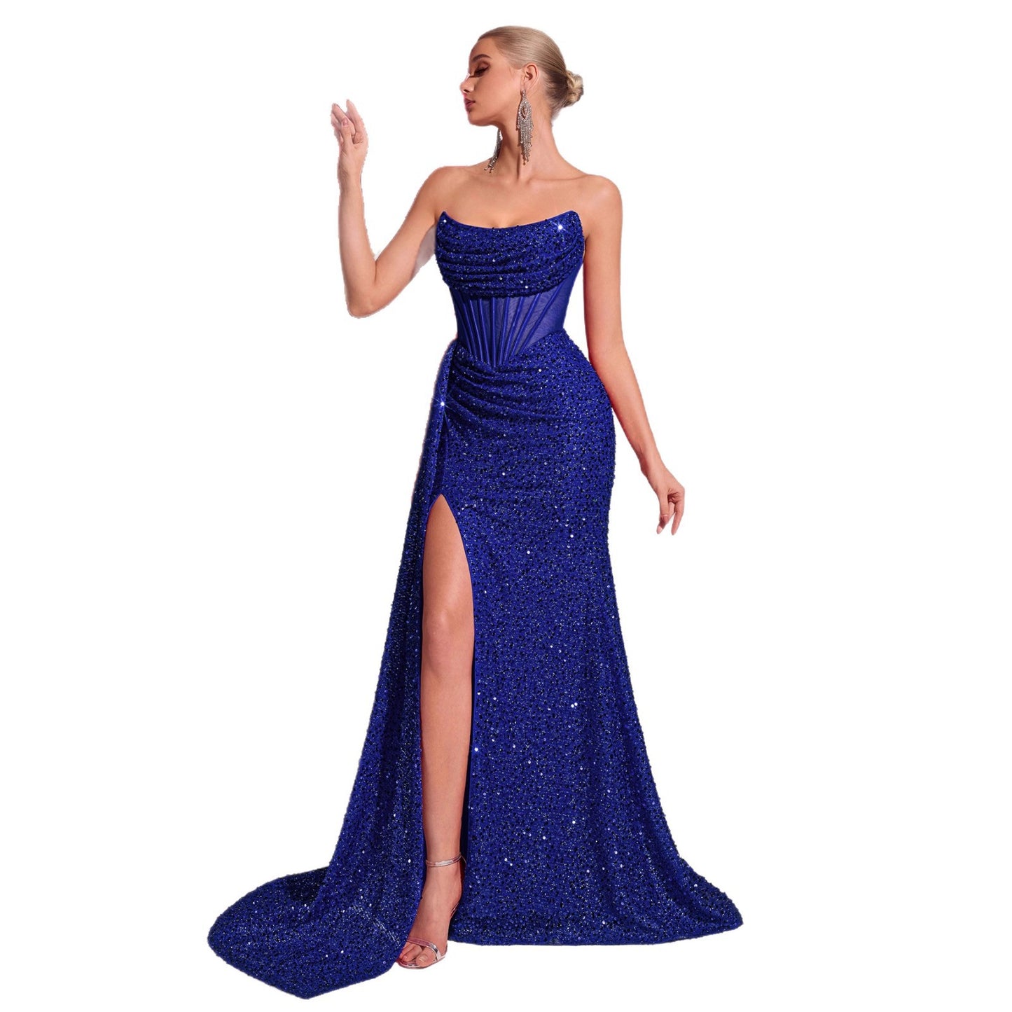 Sequined Bandeau Slimming High Slit Model Catwalk Banquet Light Dress