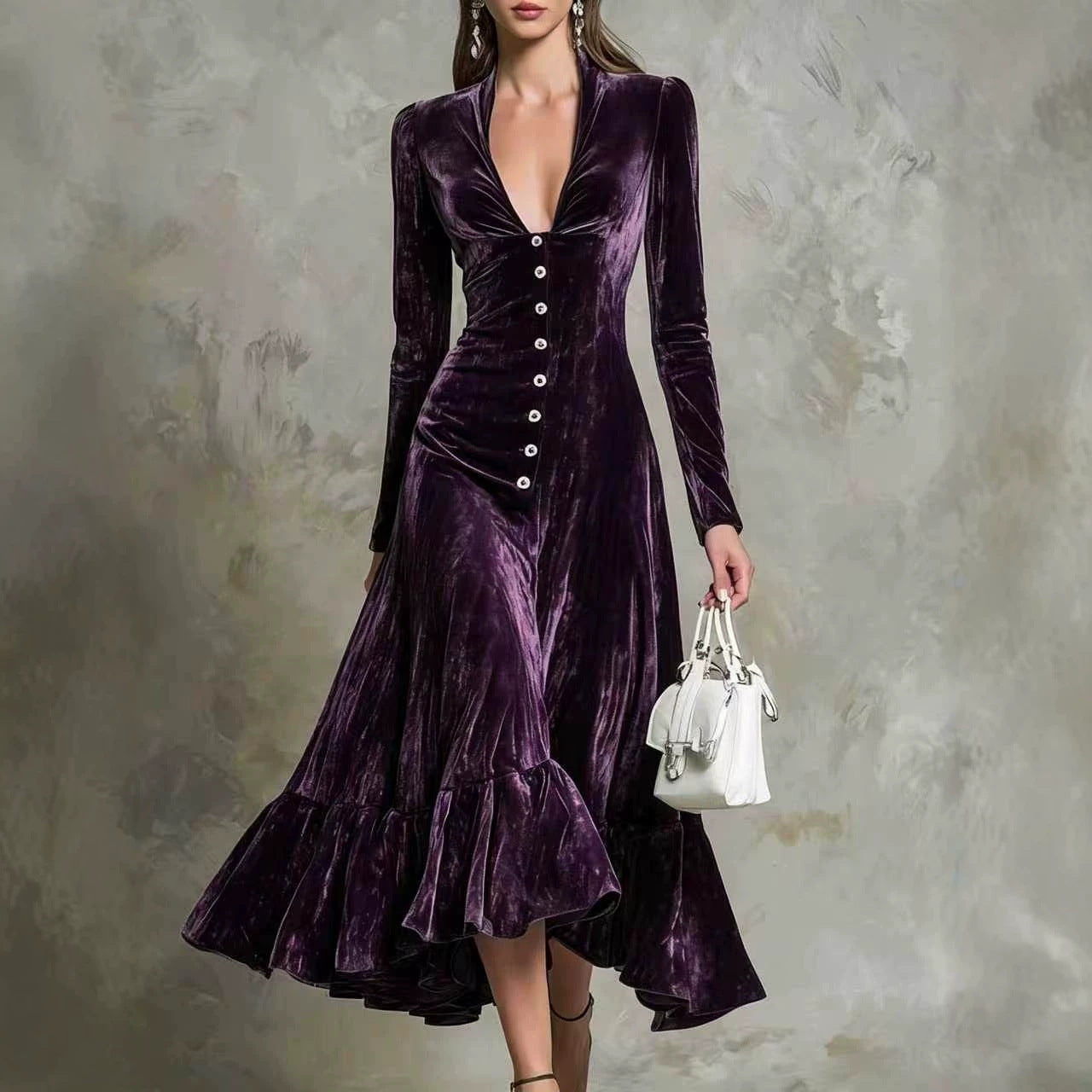 Solid Color Buttons Lapel Long Sleeve Waist Dress