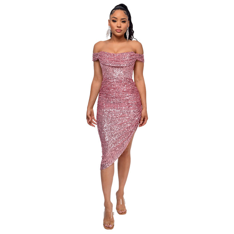 Women's Split Draped Dress Summer Sequined Backless Dresses