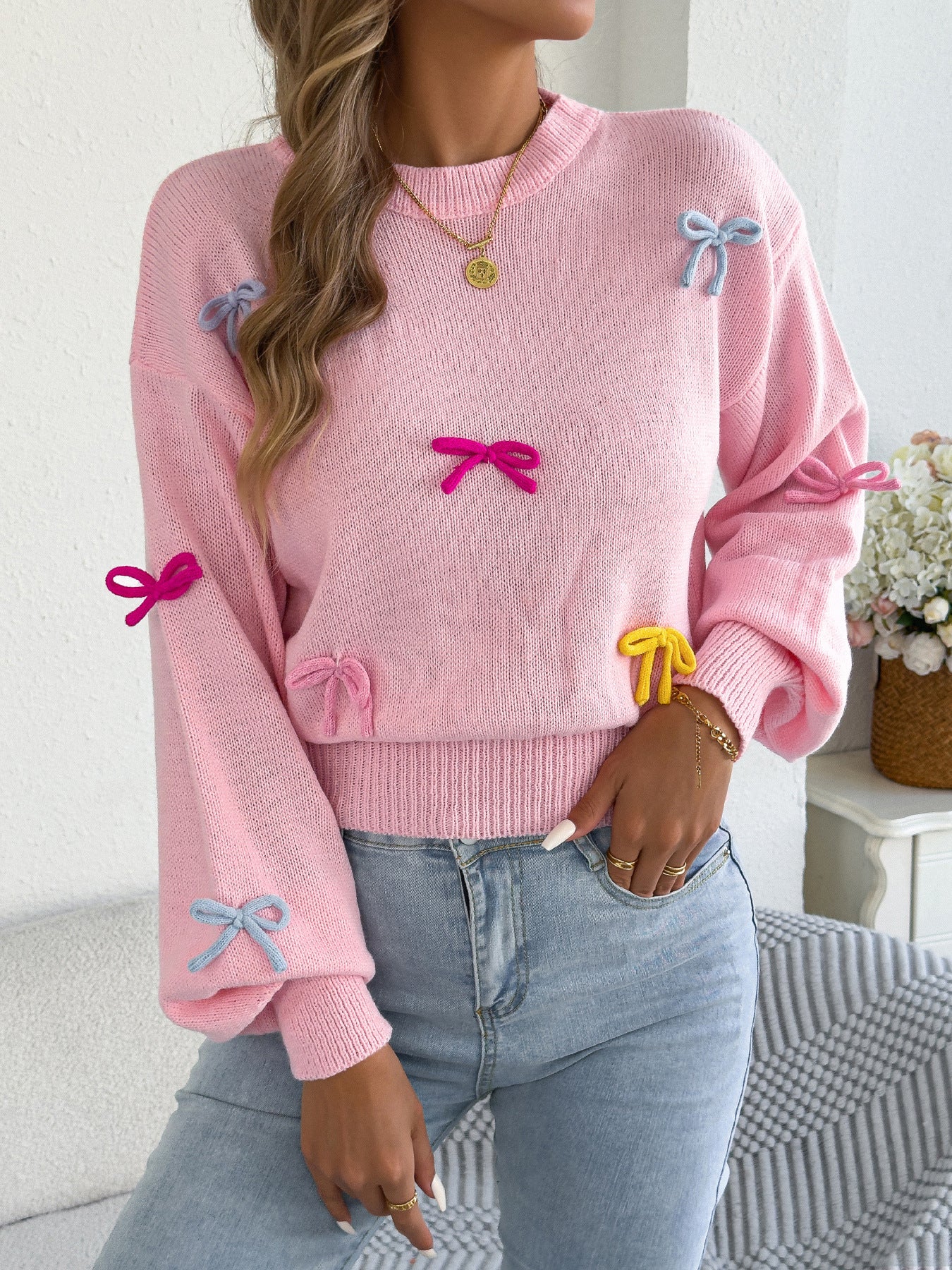 Women's Fashionable Color Bow Lantern Sleeve Fitted Sweater