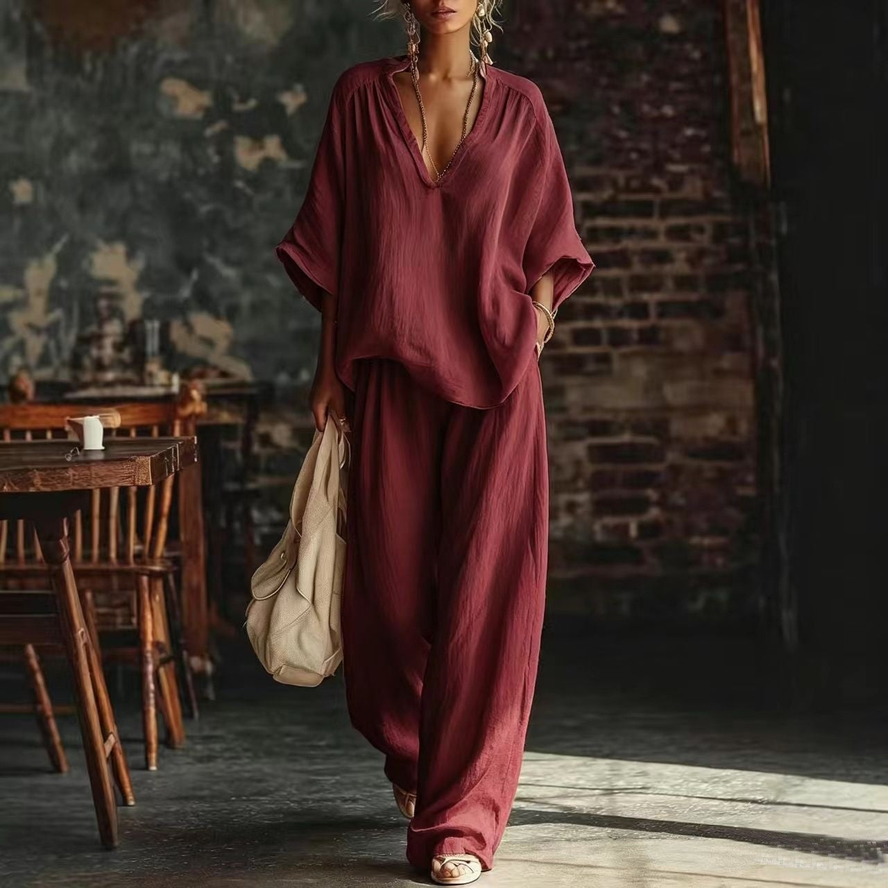 Women's Solid Color Loose Short-sleeved Trousers Two-piece Fashion Casual Suit