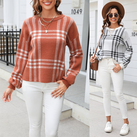 Women's Spring Large Plaid Stitching Casual Fashion Pullover Sweaters