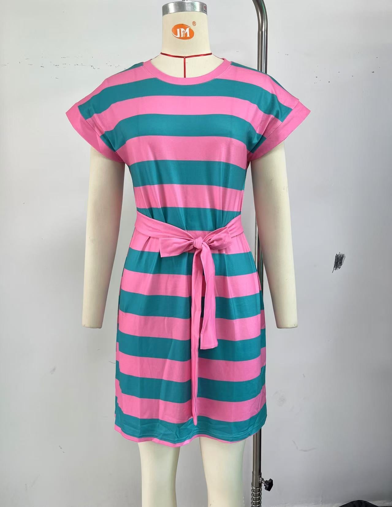 Striped Round Neck Loose Sleeves Casual Dress