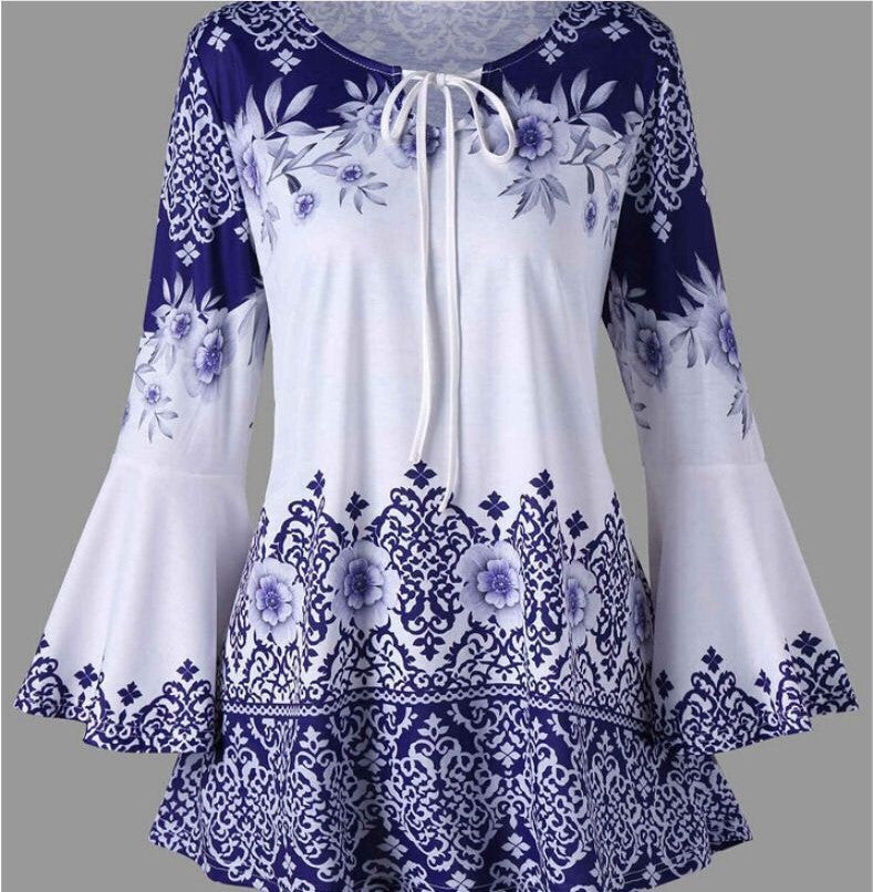 Women's Popular Print Long Horn Sleeve T-shirt Blouses