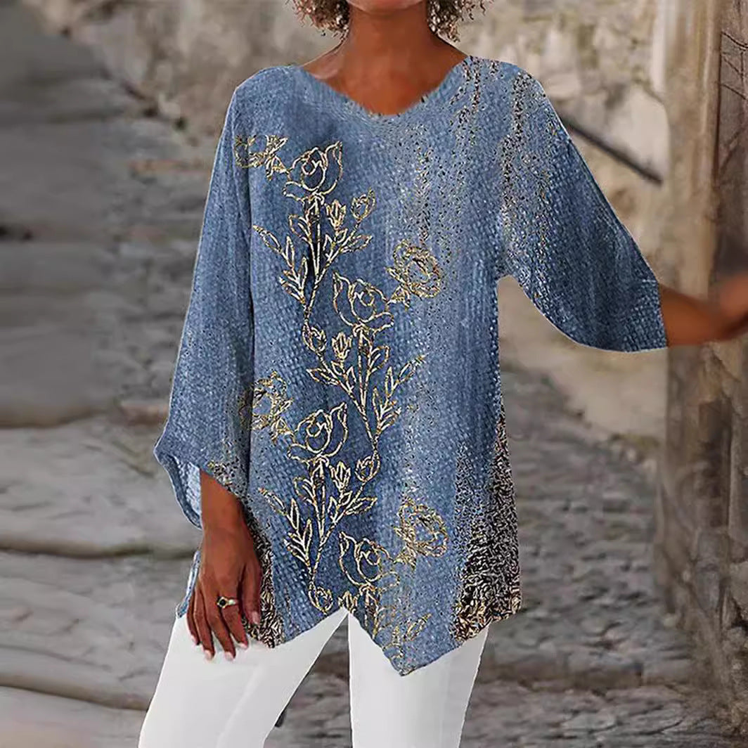 Women's Leisure Loose Irregular Printed Long Sleeve Blouses