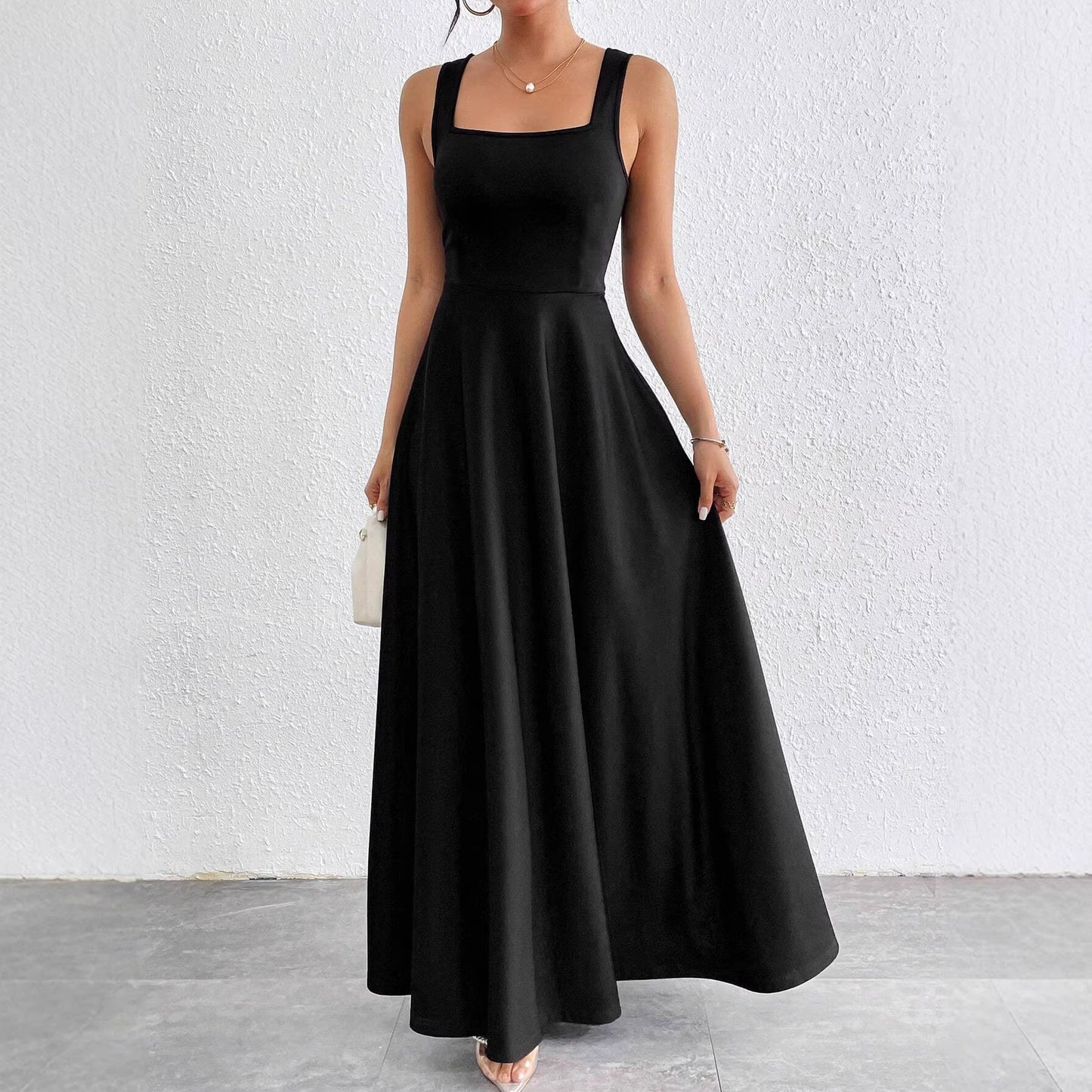 Women's Elegant Square Collar Sleeveless Solid Color Super Long Ladies Dress