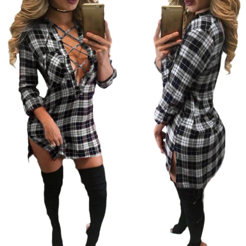Women's Plaid Mid-length Tied Long Sleeves Shirt Dress