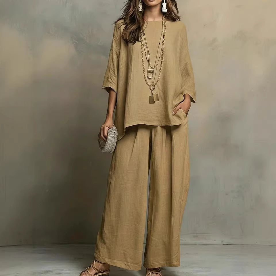 Women's Simple Loose Cotton Linen Blended Shirt Pants