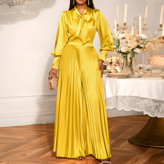 Bow Long Sleeve Elegant Pleated Wide Suits