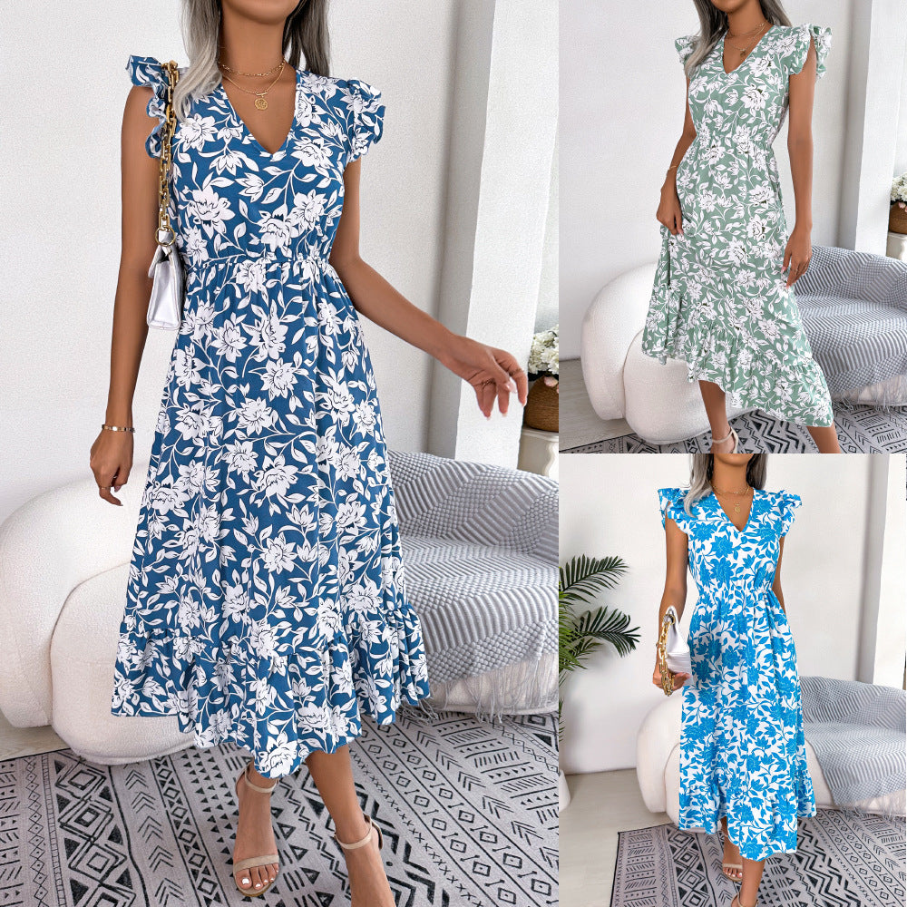 Women's Casual Wooden Ear Flower Long Holiday Dress